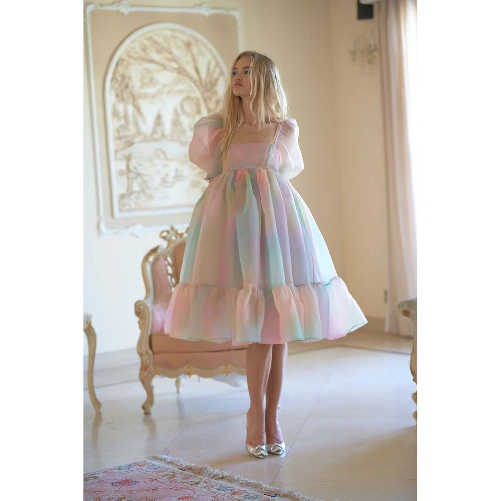 $335 Selkie The French Puff Dress 2X Rainbow Midi Tiered Organza Fairy NWT